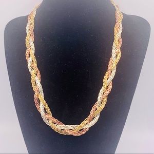 Vintage 3-strand gold silver copper fancy braided chain necklace new old stock